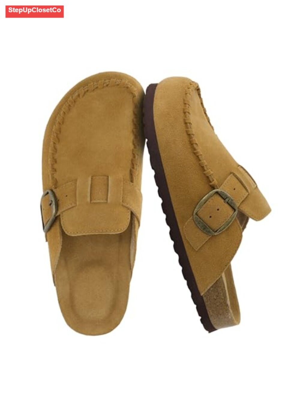 Genuine Suede Clogs with Moc Toe & Buckle Strap Slip On
